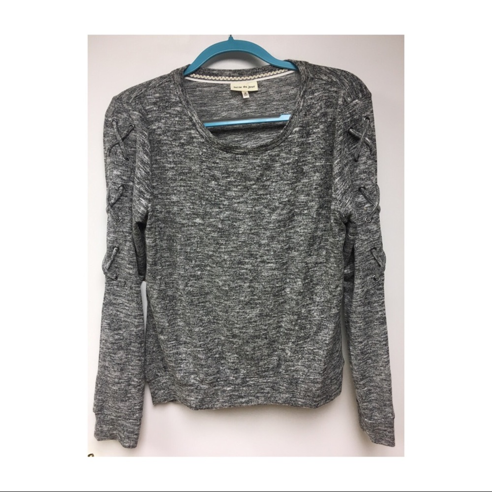 Gray sweater, Size M, “x” tie design on sleeves